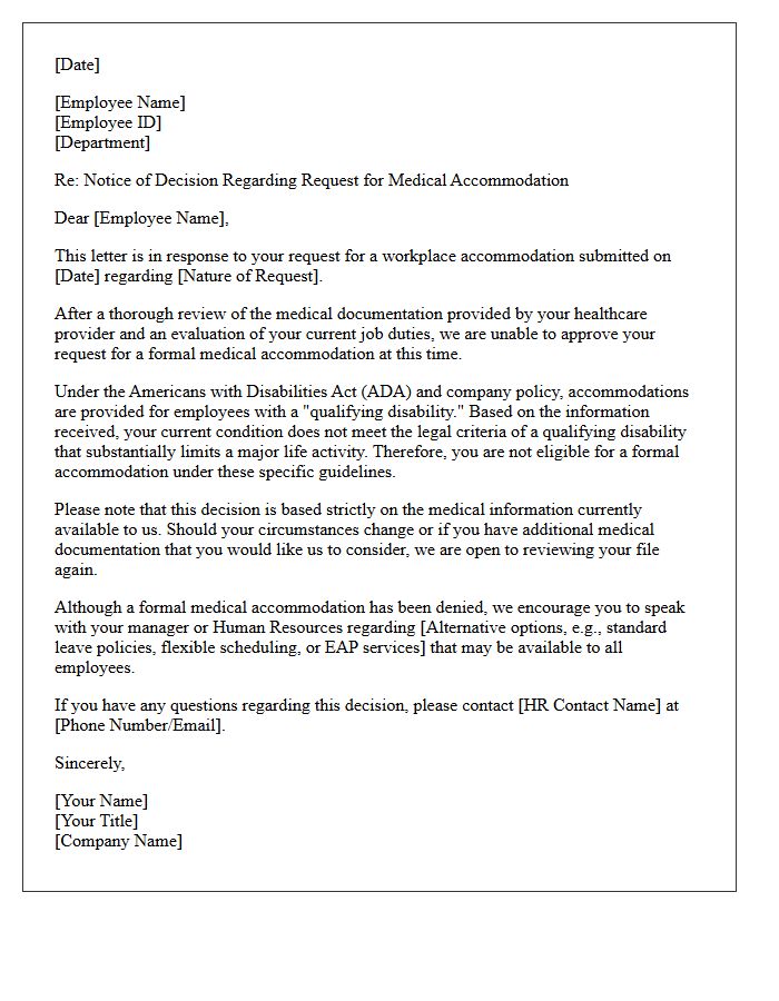 Non-Qualifying Condition Medical Accommodation Denial Letter