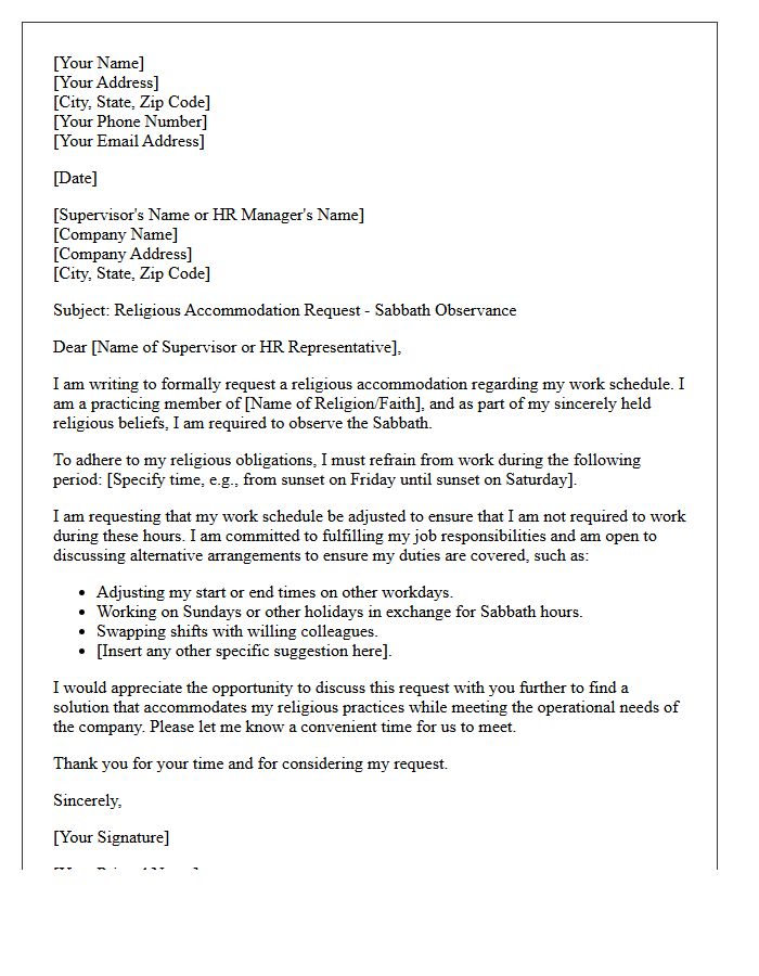 Sabbath Observance Religious Accommodation Request Letter