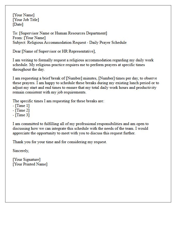 Daily Prayer Break Schedule Religious Accommodation Request Letter