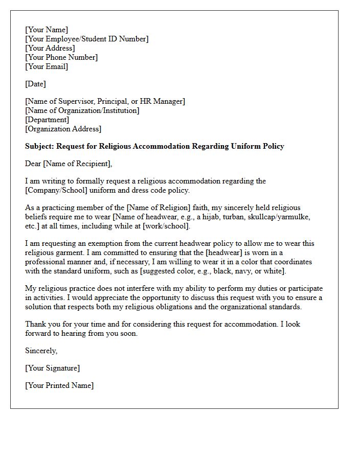 Religious Headwear Uniform Exemption Request Letter