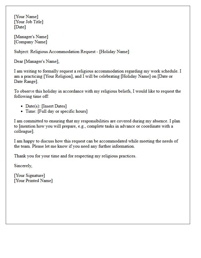 Religious Holiday Time Off Accommodation Request Letter