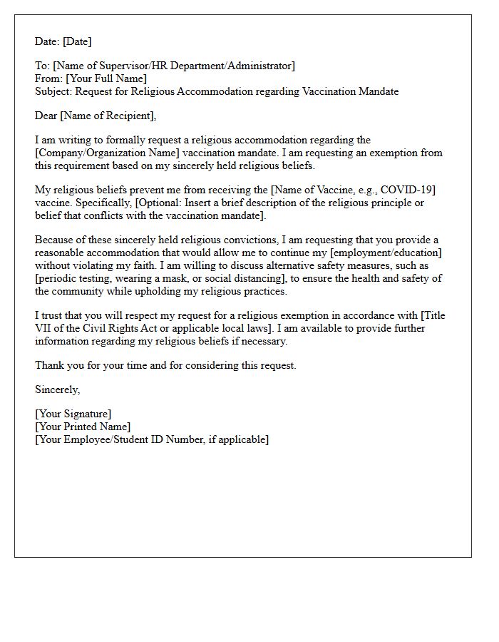 Mandatory Vaccination Exemption Religious Accommodation Letter
