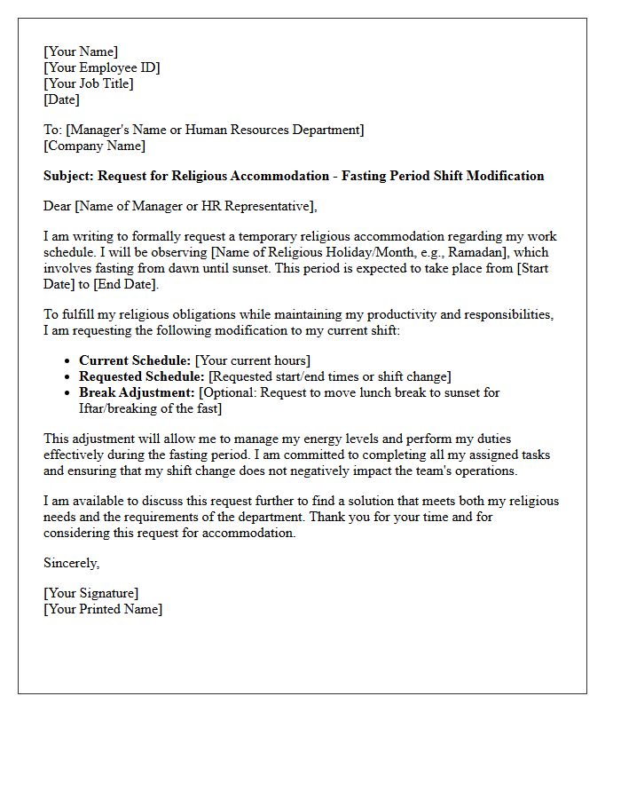 Fasting Period Shift Modification Religious Accommodation Letter