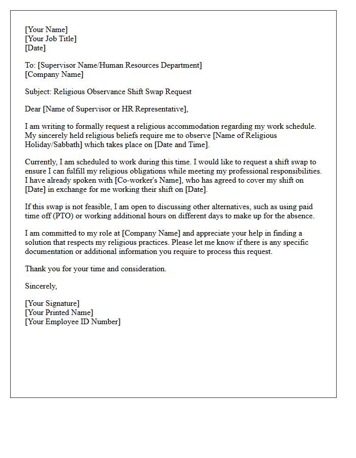 Religious Observance Shift Swap Accommodation Request Letter
