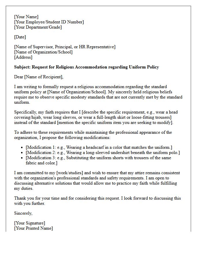 Modesty Requirement Uniform Modification Religious Accommodation Letter