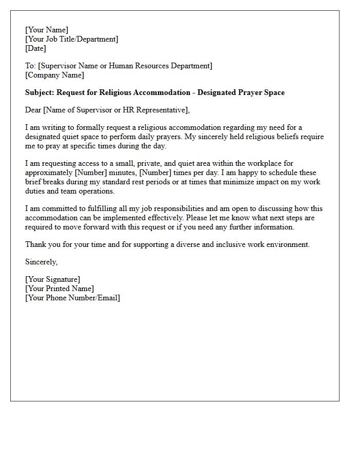 Designated Prayer Space Allocation Religious Accommodation Letter