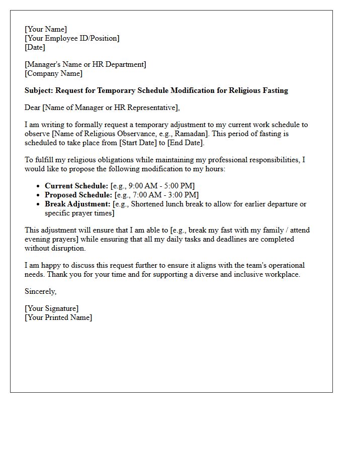 Religious Fasting Break Schedule Modification Letter