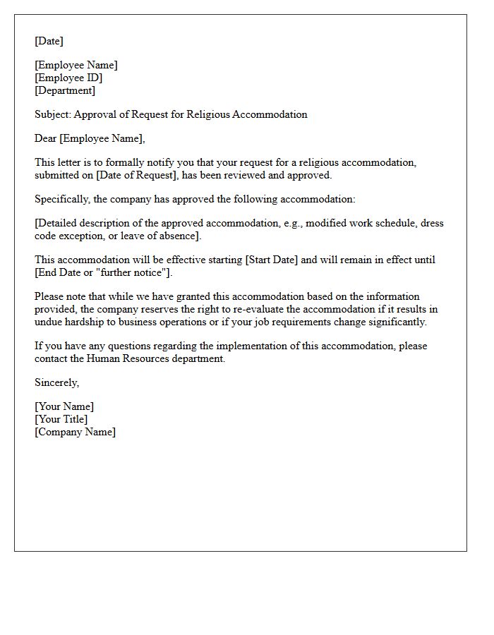 Human Resources Religious Accommodation Approval Letter