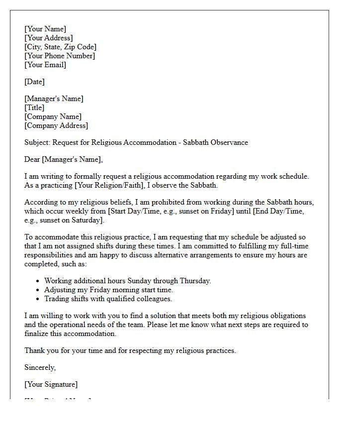 Sabbath Observance Work Schedule Alteration Letter