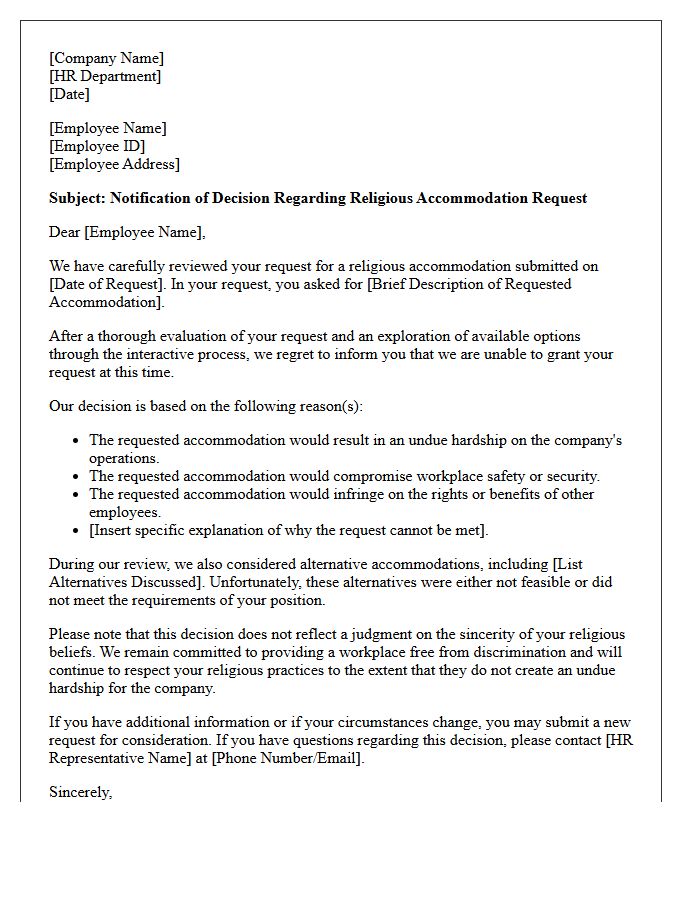 Human Resources Religious Accommodation Denial Letter
