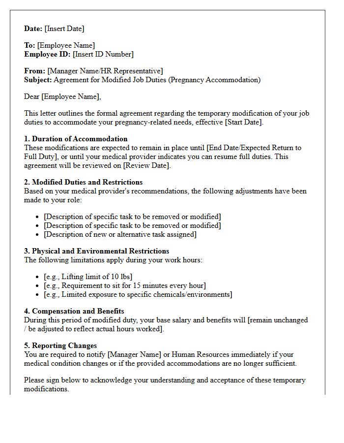 Modified Job Duties Pregnancy Accommodation Agreement Letter