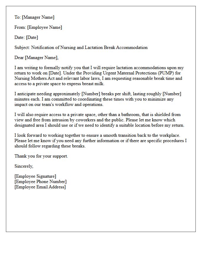 Manager Notification of Nursing and Lactation Break Accommodation Letter