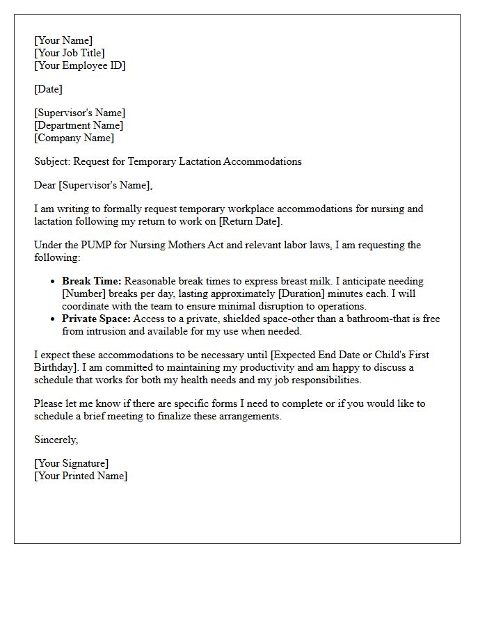Temporary Nursing and Lactation Break Accommodation Letter