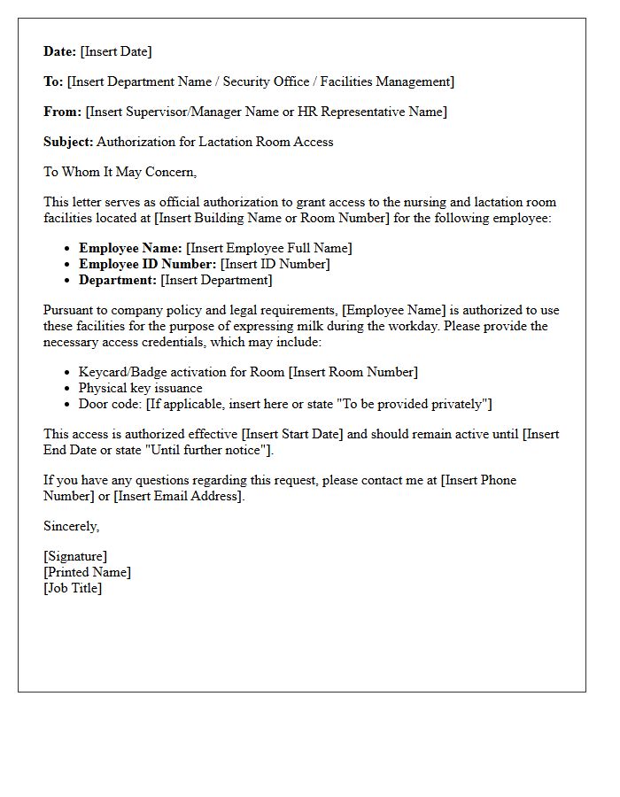 Nursing and Lactation Room Access Authorization Letter
