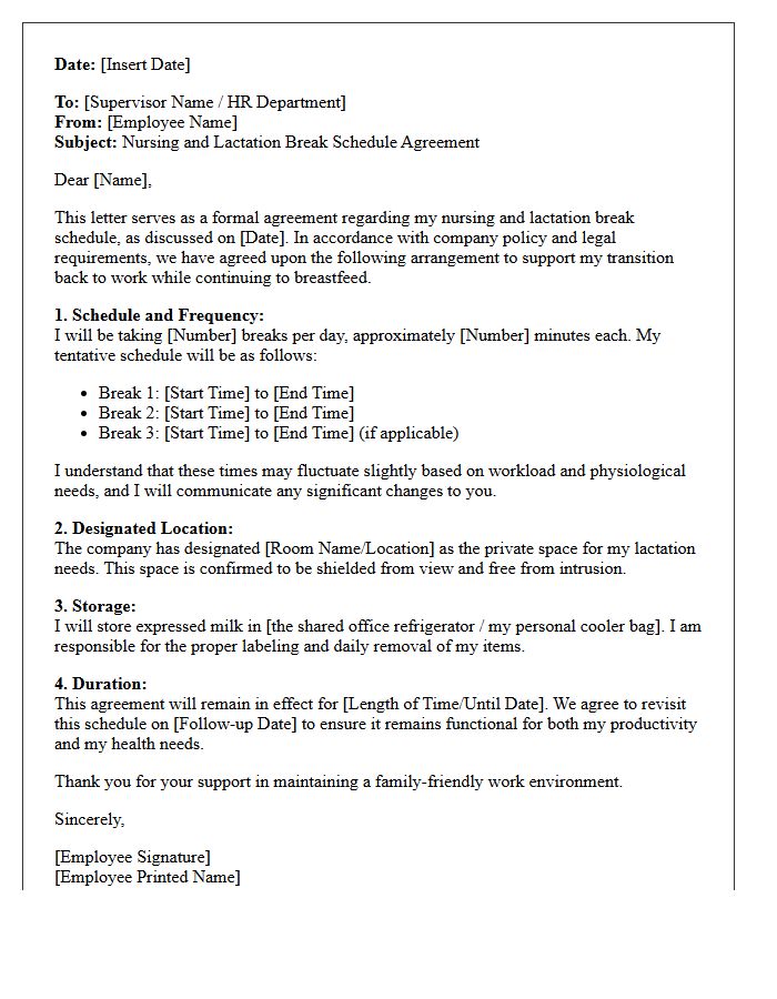 Nursing and Lactation Break Schedule Agreement Letter