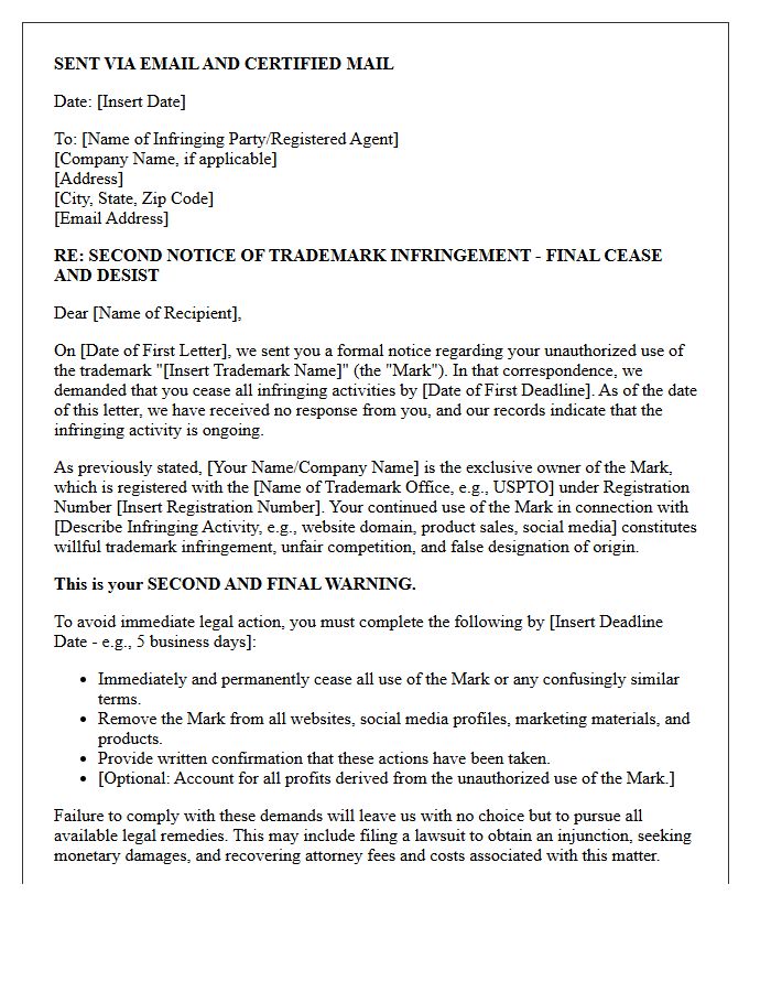 Second Warning Trademark Infringement Cease and Desist Letter