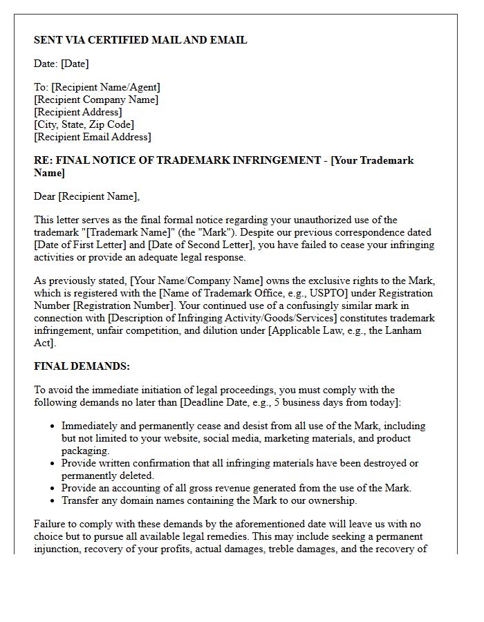 Final Notice Trademark Infringement Demand Letter