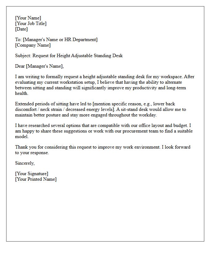 Height Adjustable Standing Desk Request Letter