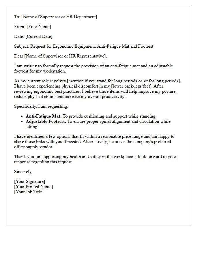 Anti-Fatigue Mat and Footrest Request Letter