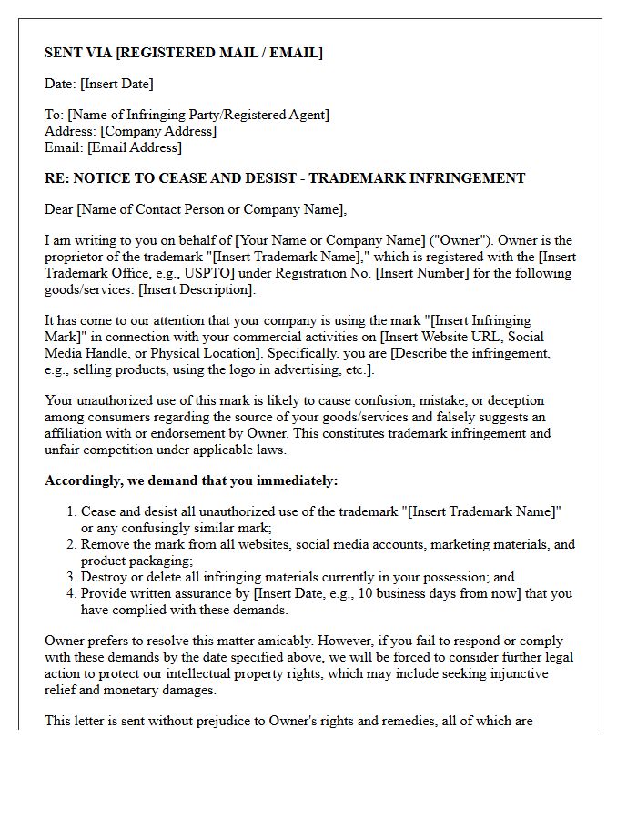 Unauthorized Commercial Use Trademark Infringement Demand Letter