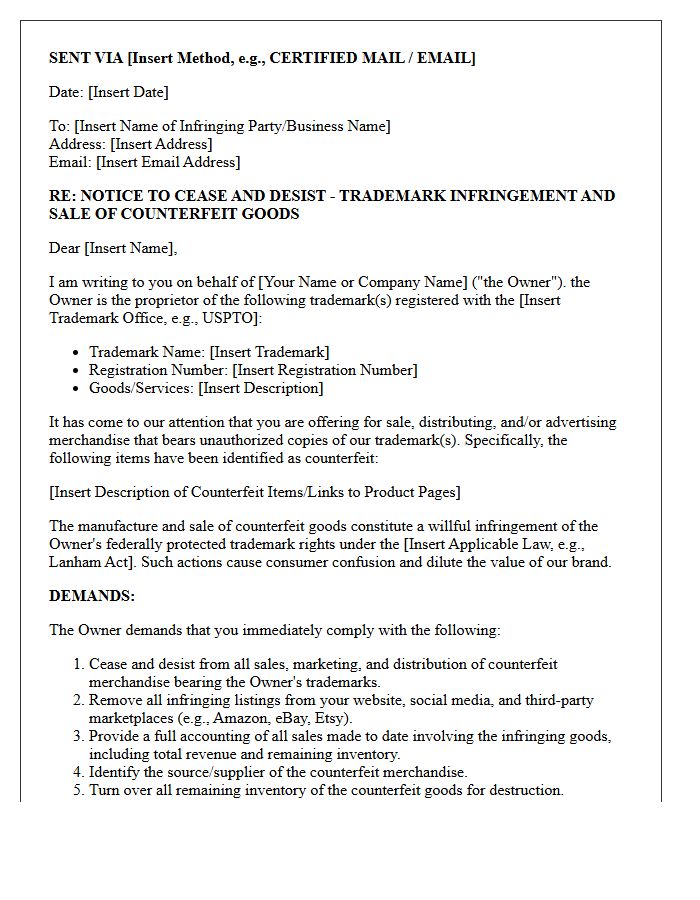 Counterfeit Merchandise Trademark Infringement Demand Letter