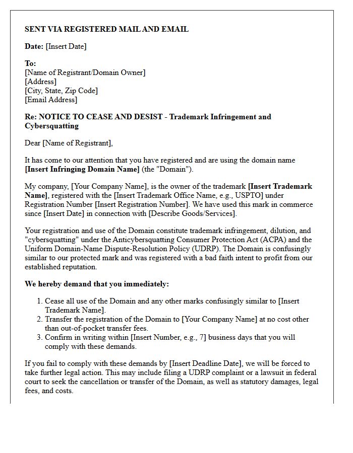 Domain Name Cybersquatting Trademark Infringement Cease and Desist Letter