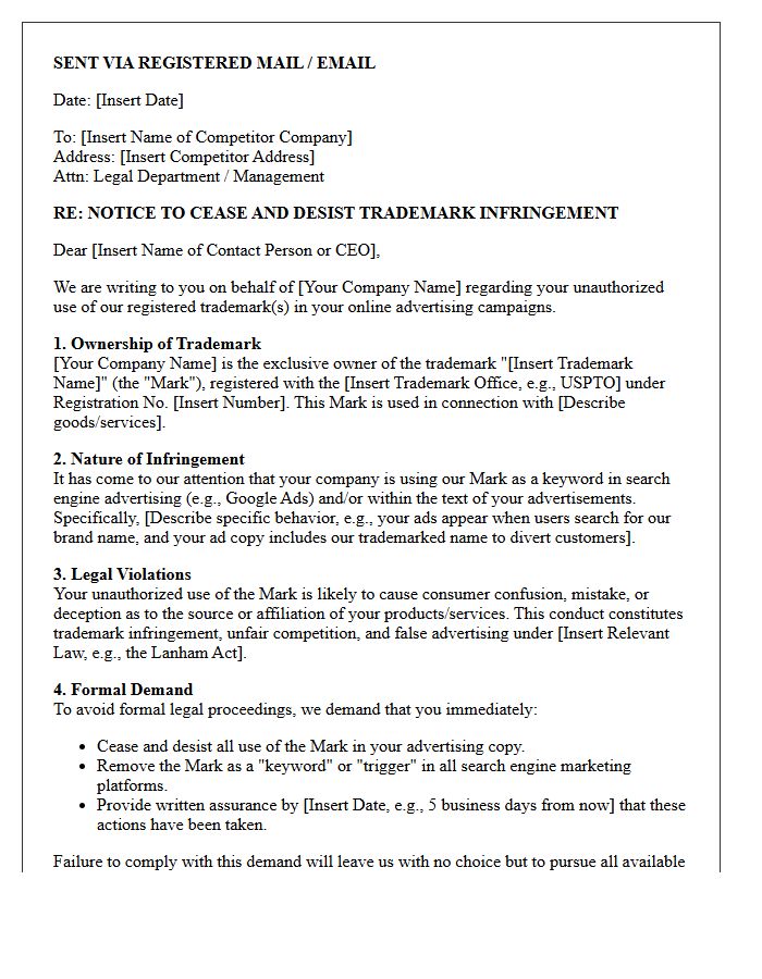 Competitor Advertising Trademark Infringement Demand Letter