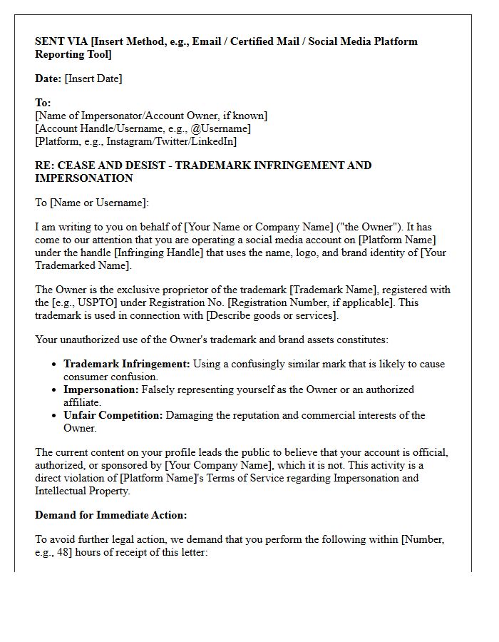 Social Media Impersonation Trademark Infringement Cease and Desist Letter