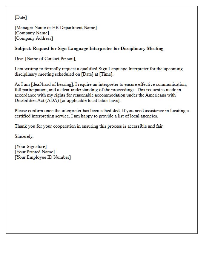 Employee Disciplinary Meeting Sign Language Interpreter Request Letter