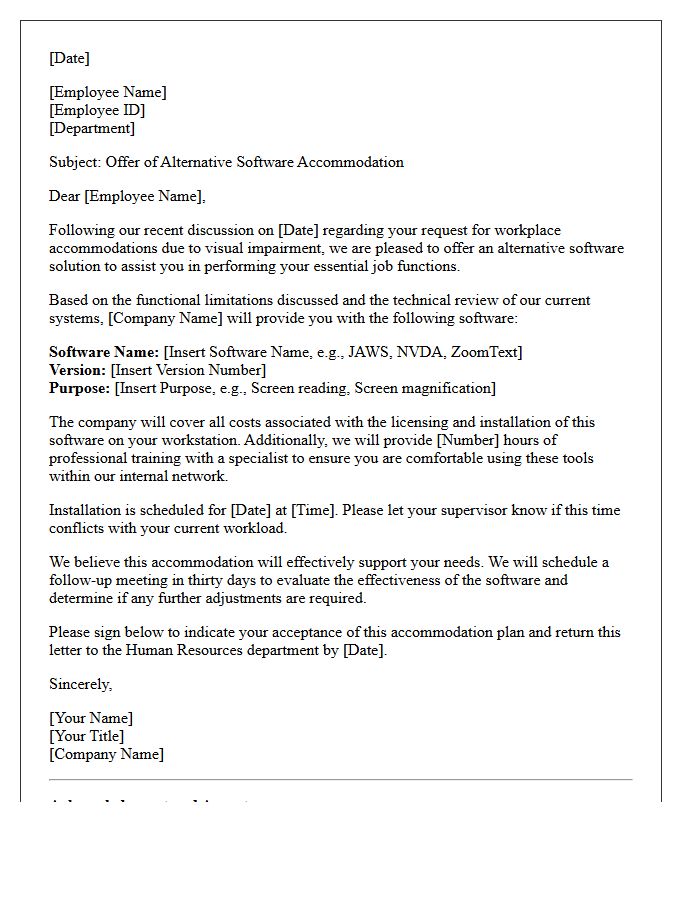 Alternative Software Accommodation Offer Letter for Visual Impairment