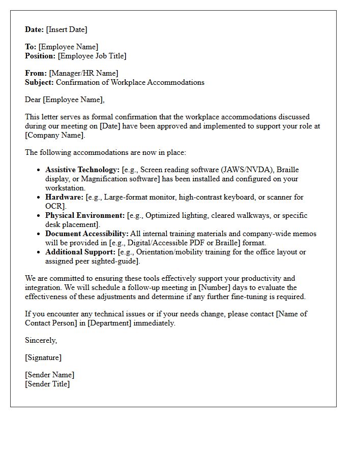 Accommodation Implementation Confirmation Letter for Visually Impaired Employee