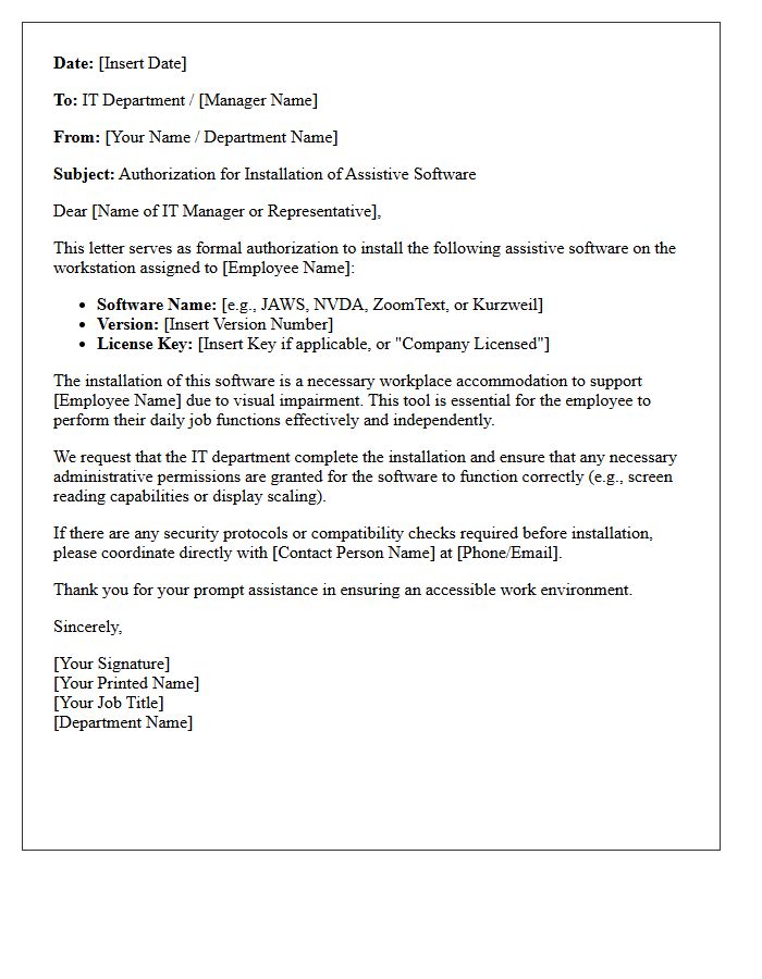 Software Installation Authorization Letter for Workplace Visual Impairment