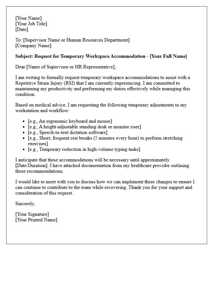 Repetitive Strain Injury Temporary Workspace Accommodation Letter