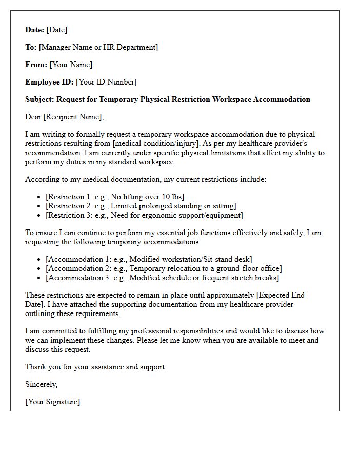 Temporary Physical Restriction Workspace Accommodation Letter