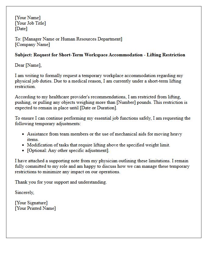 Short-Term Lifting Restriction Workspace Accommodation Letter