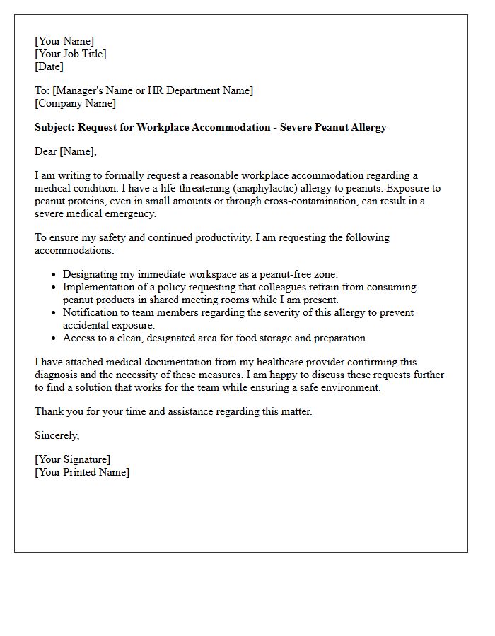 Severe Peanut Allergy Workplace Accommodation Request Letter