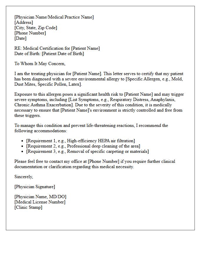 Medical Certification Letter for Severe Environmental Allergy