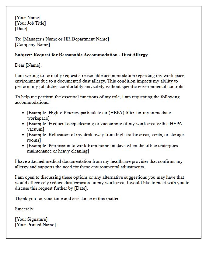Employee Dust Allergy Environmental Accommodation Request Letter