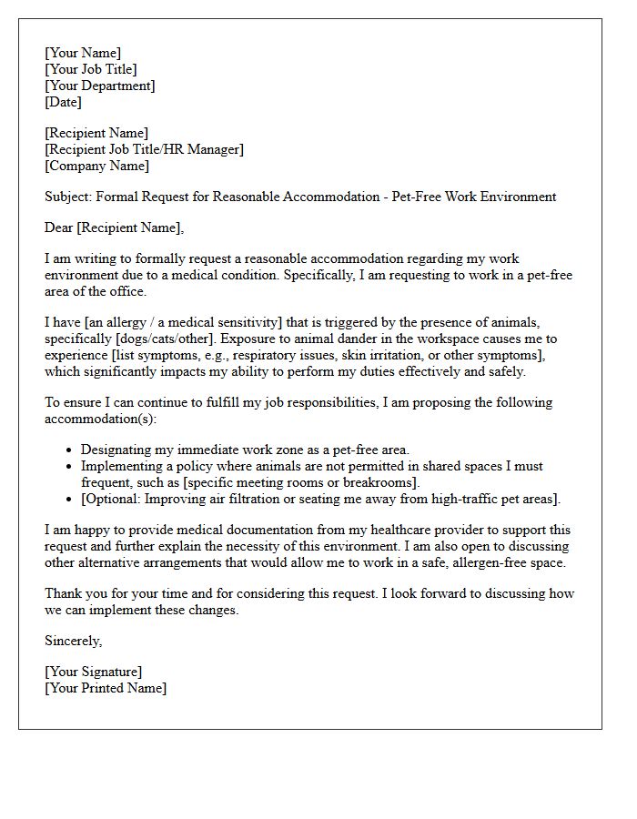 Formal Letter Requesting Pet-Free Office Environmental Accommodation