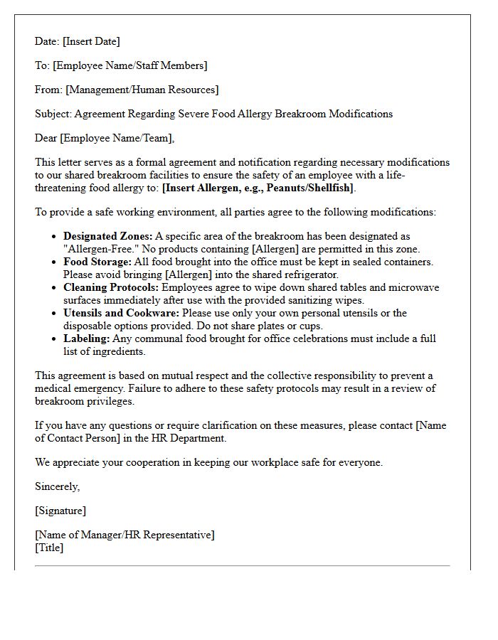 Severe Food Allergy Breakroom Modification Agreement Letter