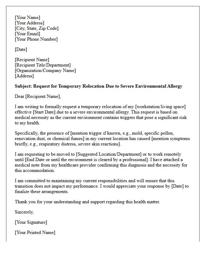 Temporary Relocation Letter Due to Severe Environmental Allergy