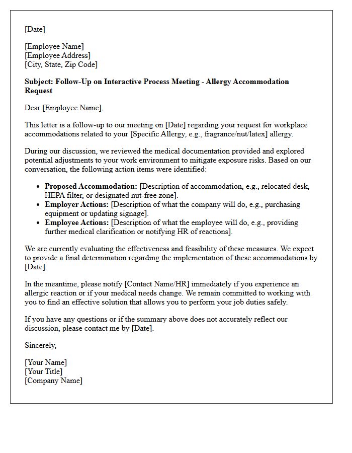 Interactive Process Follow-Up Letter for Allergy Accommodation