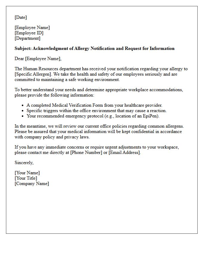 Standard Human Resources Response Letter to Allergy Notification
