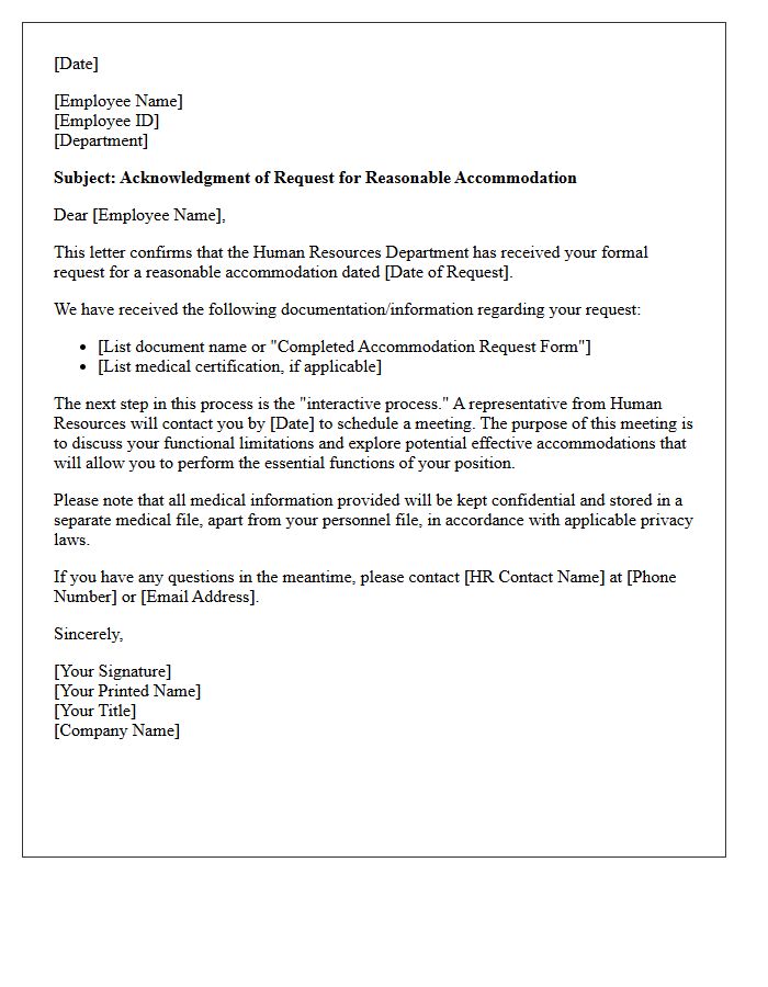 Human Resources Acknowledgment of Accommodation Letter
