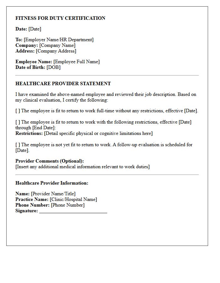Fitness for Duty Certification Letter