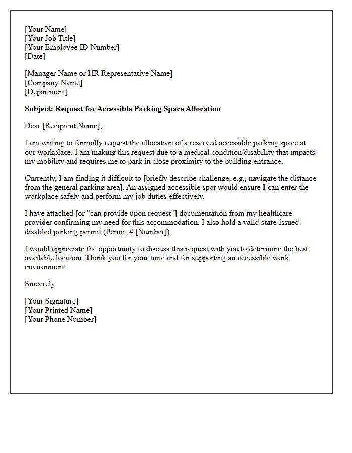 Workplace Accessible Parking Allocation Request Letter