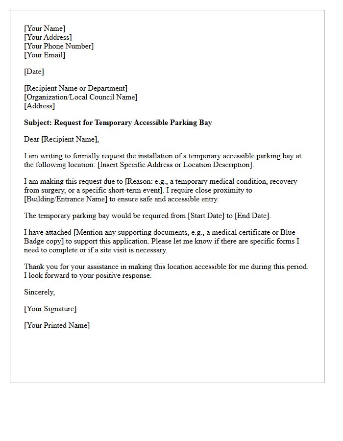 Temporary Accessible Parking Bay Request Letter
