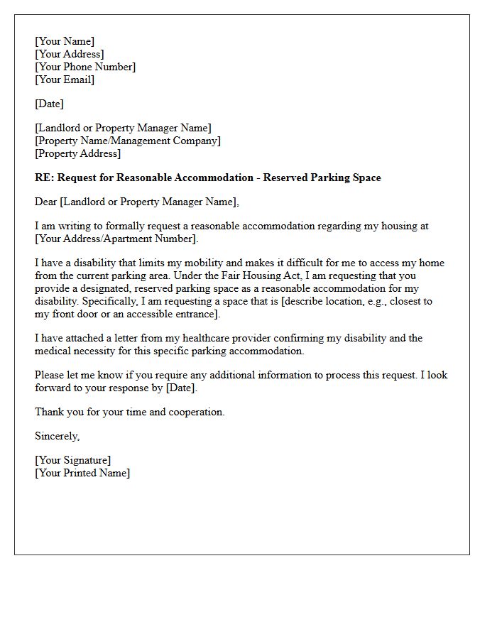 Reasonable Accommodation Parking Space Request Letter