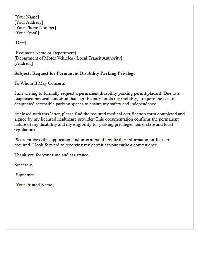 Permanent Disability Parking Privilege Request Letter