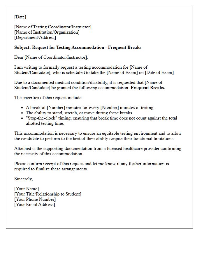 Frequent Breaks Testing Accommodation Letter